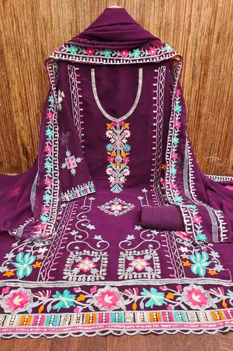purple georgette embroidered dress material