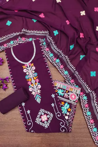 purple georgette embroidered dress material