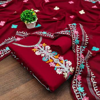 red georgette embroidered dress material 1