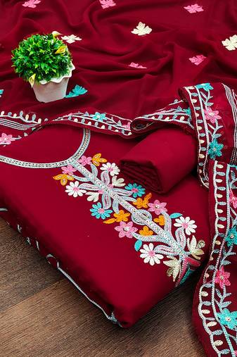 red georgette embroidered dress material