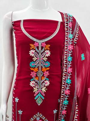 red georgette embroidered dress material 2