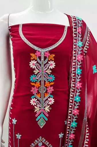 red georgette embroidered dress material