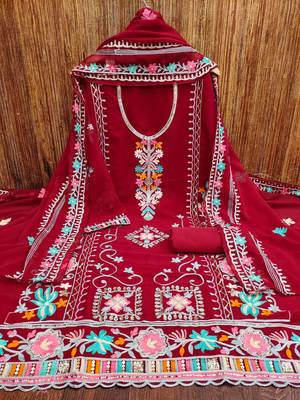 red georgette embroidered dress material 3