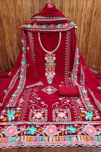 red georgette embroidered dress material