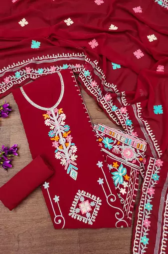 red georgette embroidered dress material