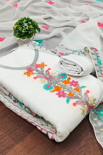 white georgette embroidered dress material