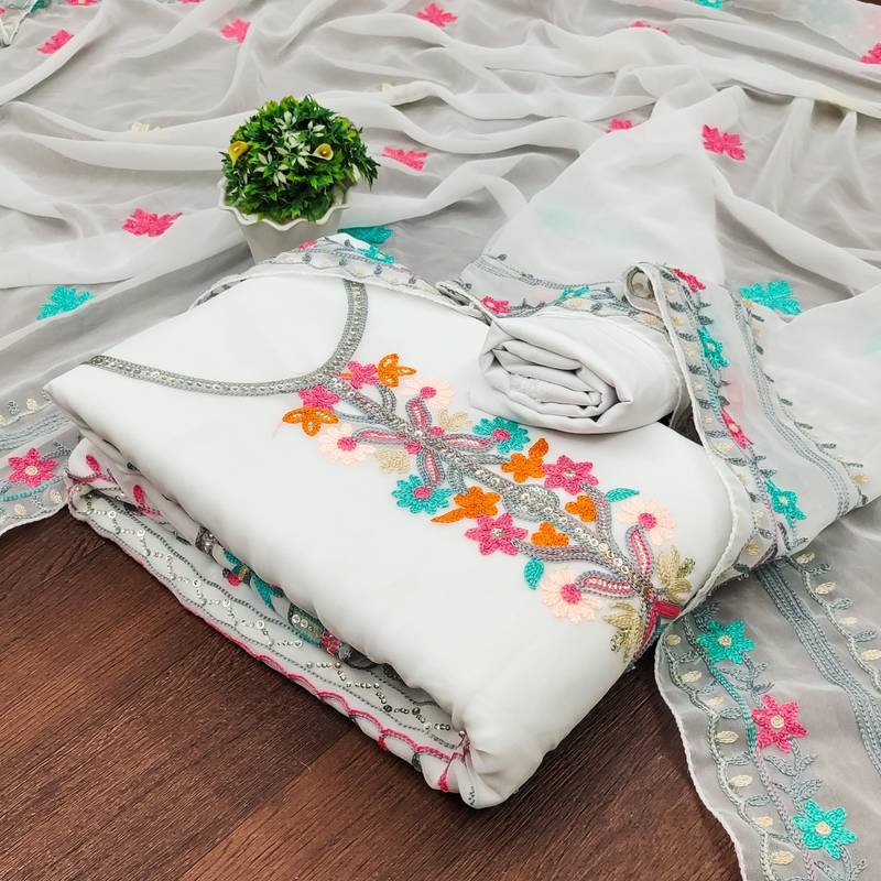 white georgette embroidered dress material