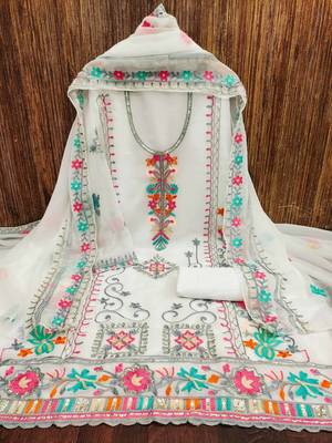 white georgette embroidered dress material 3