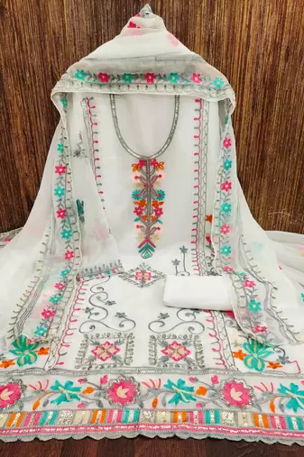 white georgette embroidered dress material