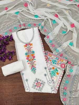white georgette embroidered dress material 4