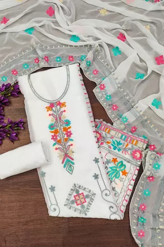 white georgette embroidered dress material