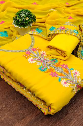 yellow georgette embroidered dress material