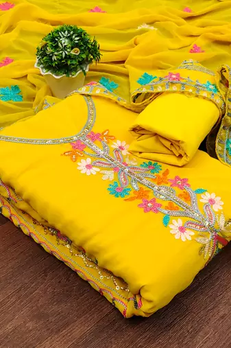 yellow georgette embroidered dress material