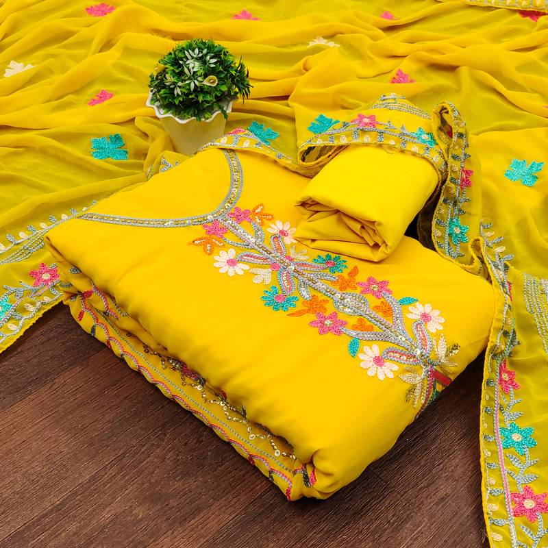yellow georgette embroidered dress material