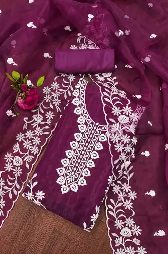 magenta organza embroidered dress material