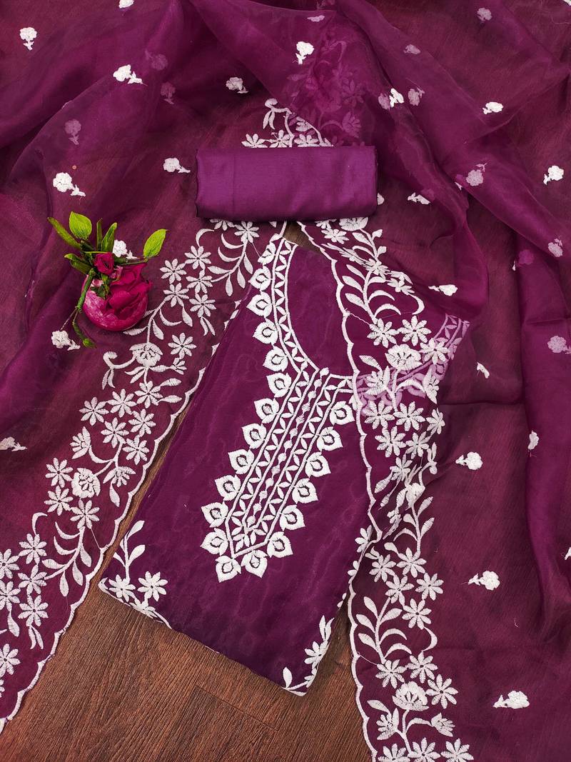 magenta organza embroidered dress material