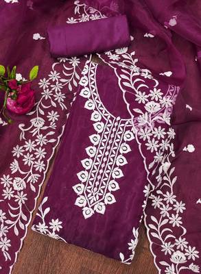 magenta organza embroidered dress material 3