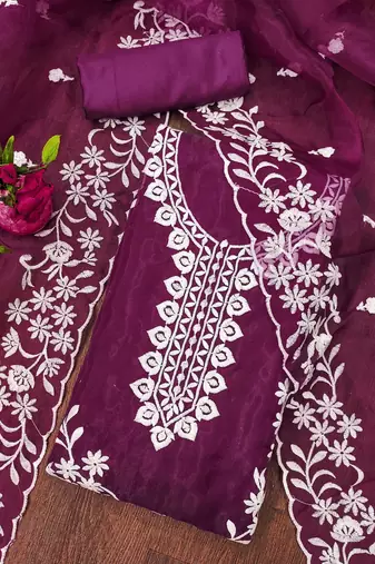 magenta organza embroidered dress material