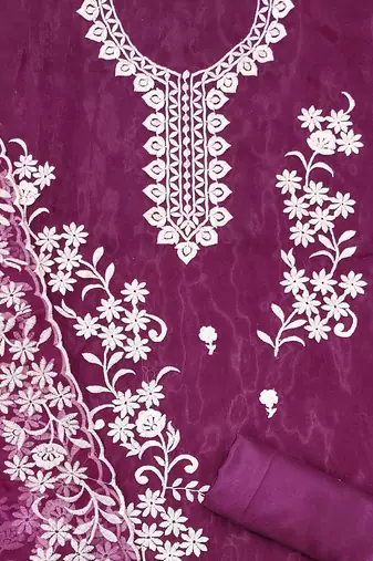 magenta organza embroidered dress material