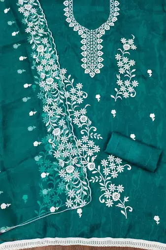 sea green organza embroidered dress material
