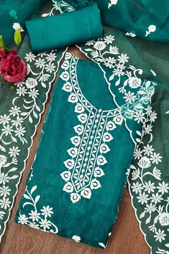 sea green organza embroidered dress material