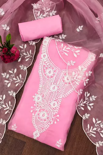 baby pink organza embroidered dress material