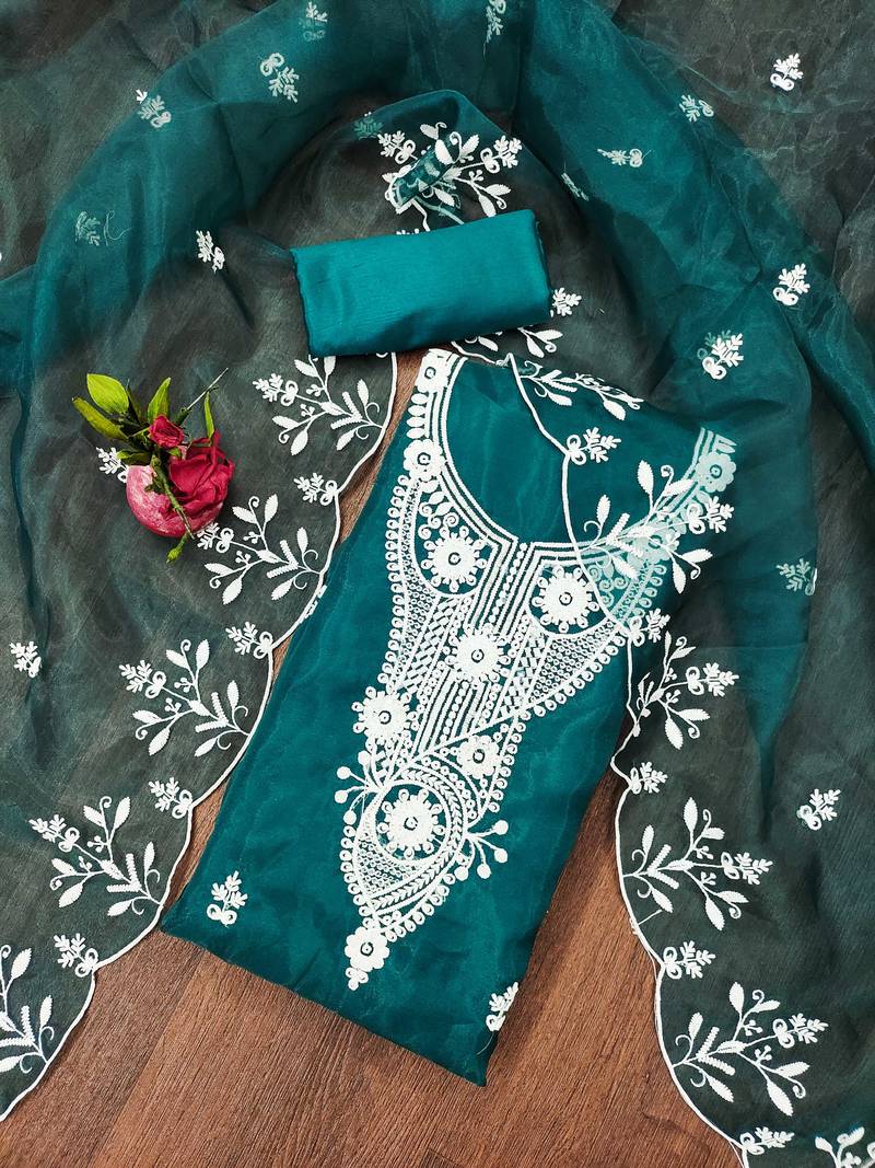sea green organza embroidered dress material