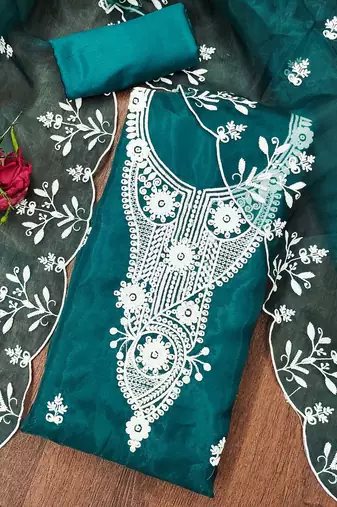 sea green organza embroidered dress material