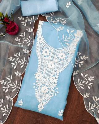 sky blue organza embroidered dress material 3
