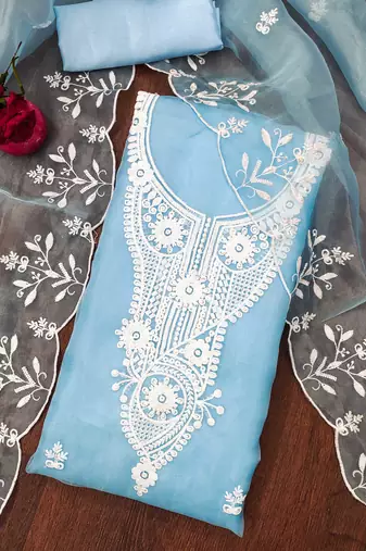 sky blue organza embroidered dress material