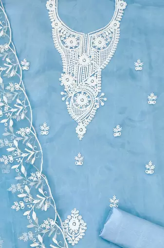 sky blue organza embroidered dress material