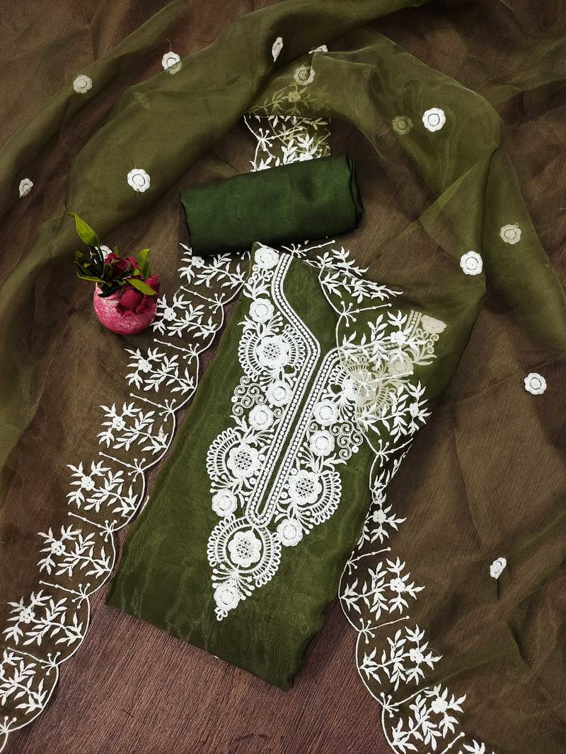 mehendi organza embroidered dress material