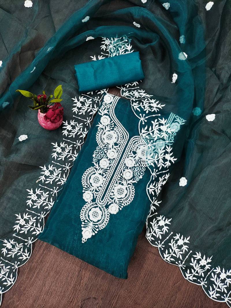 teal organza embroidered dress material