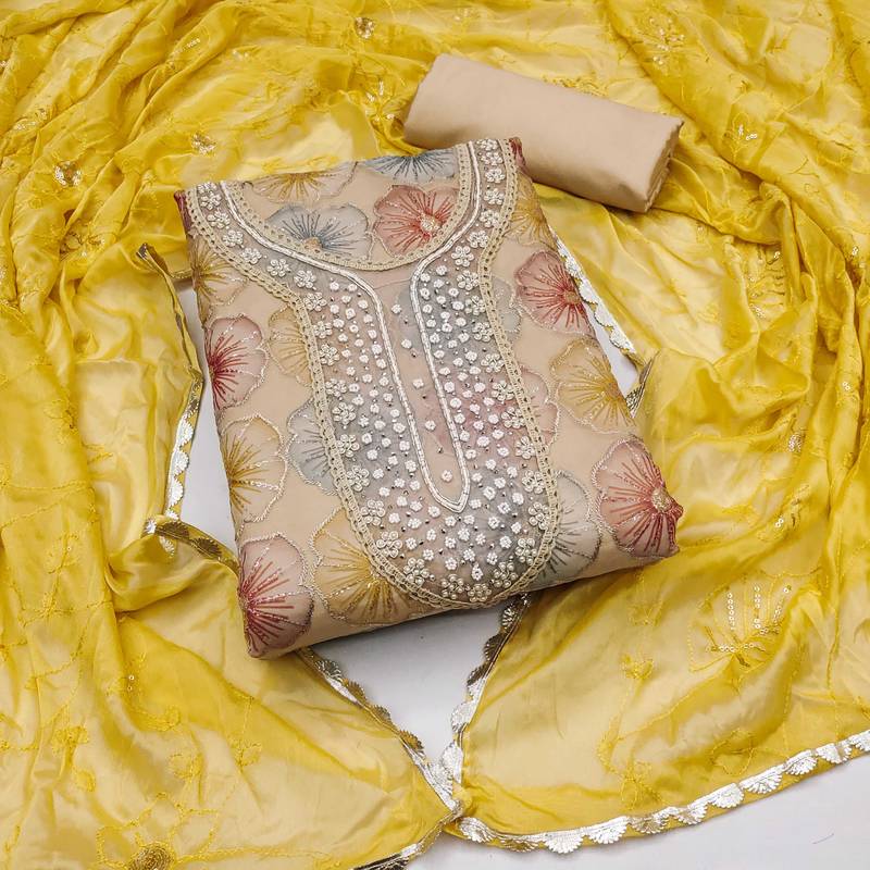 beige organza sequins dress material