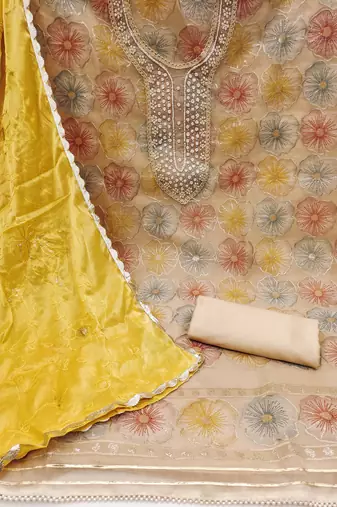 beige organza sequins dress material