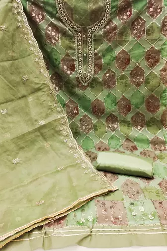 green organza sequins dress material