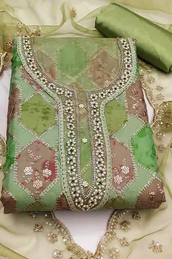 green organza sequins dress material