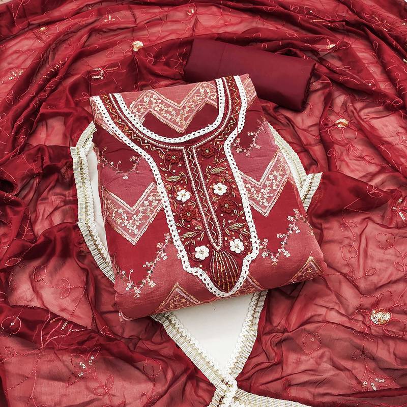 red organza sequins dress material