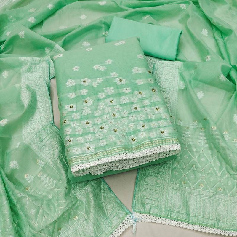 green banarasi cotton woven dress material