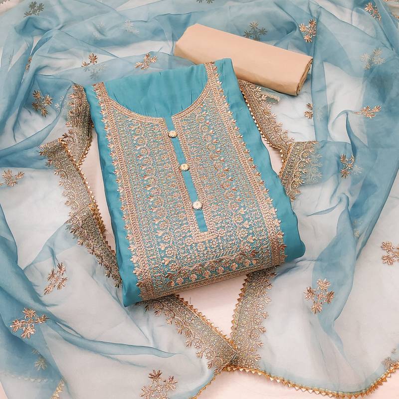 sea green silk blend embroidered dress material