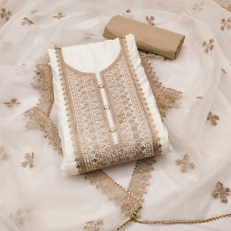 white silk blend embroidered dress material