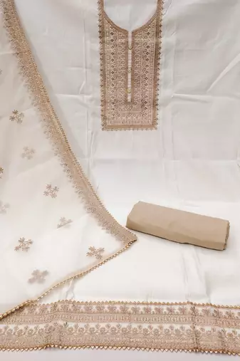 white silk blend embroidered dress material