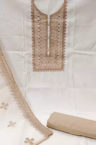 white silk blend embroidered dress material