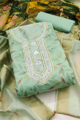 sea green cotton hand embroidery dress material