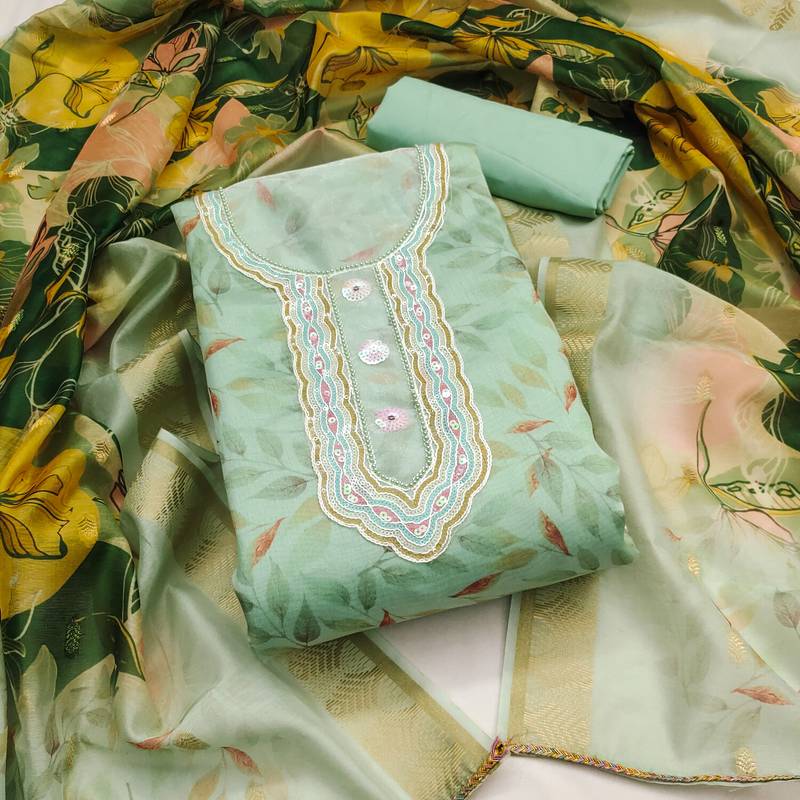 sea green cotton hand embroidery dress material