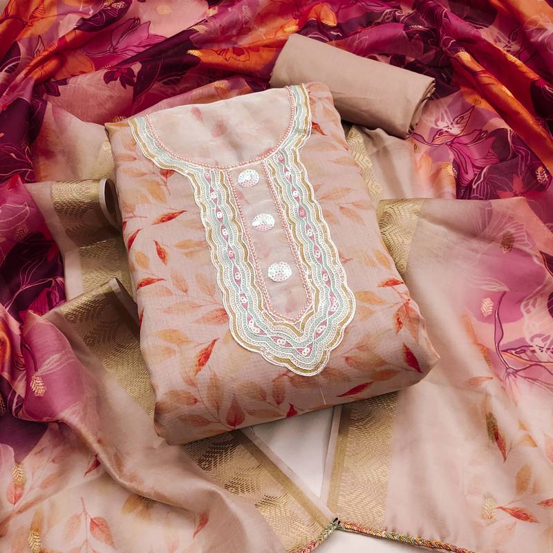 peach cotton hand embroidery dress material