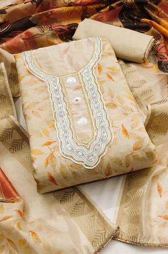 beige cotton hand embroidery dress material