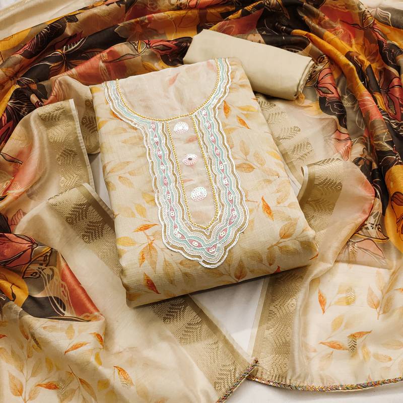 beige cotton hand embroidery dress material