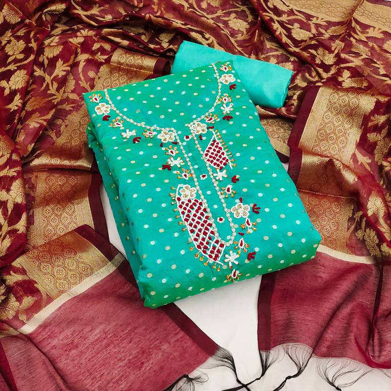 green cotton woven dress material