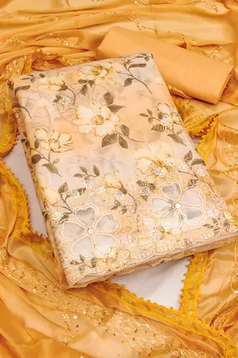 yellow cotton embroidered dress material